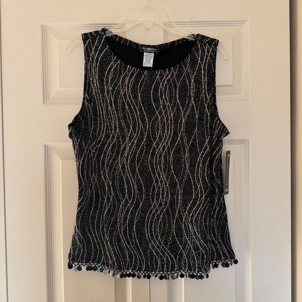 vintage 90s/y2k glam B. Moss glitter metallic black tank top beaded hem size 14